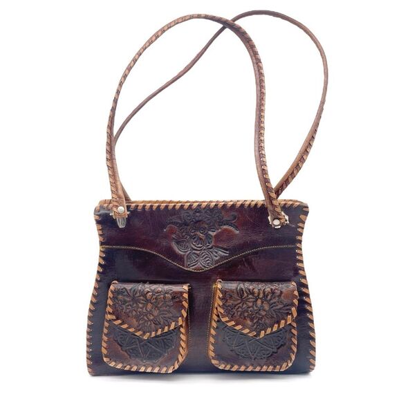 Vintage Tooled Leather Purse Brown Shoulder Bag Western Boho Saddlestitch - Picture 1 of 16